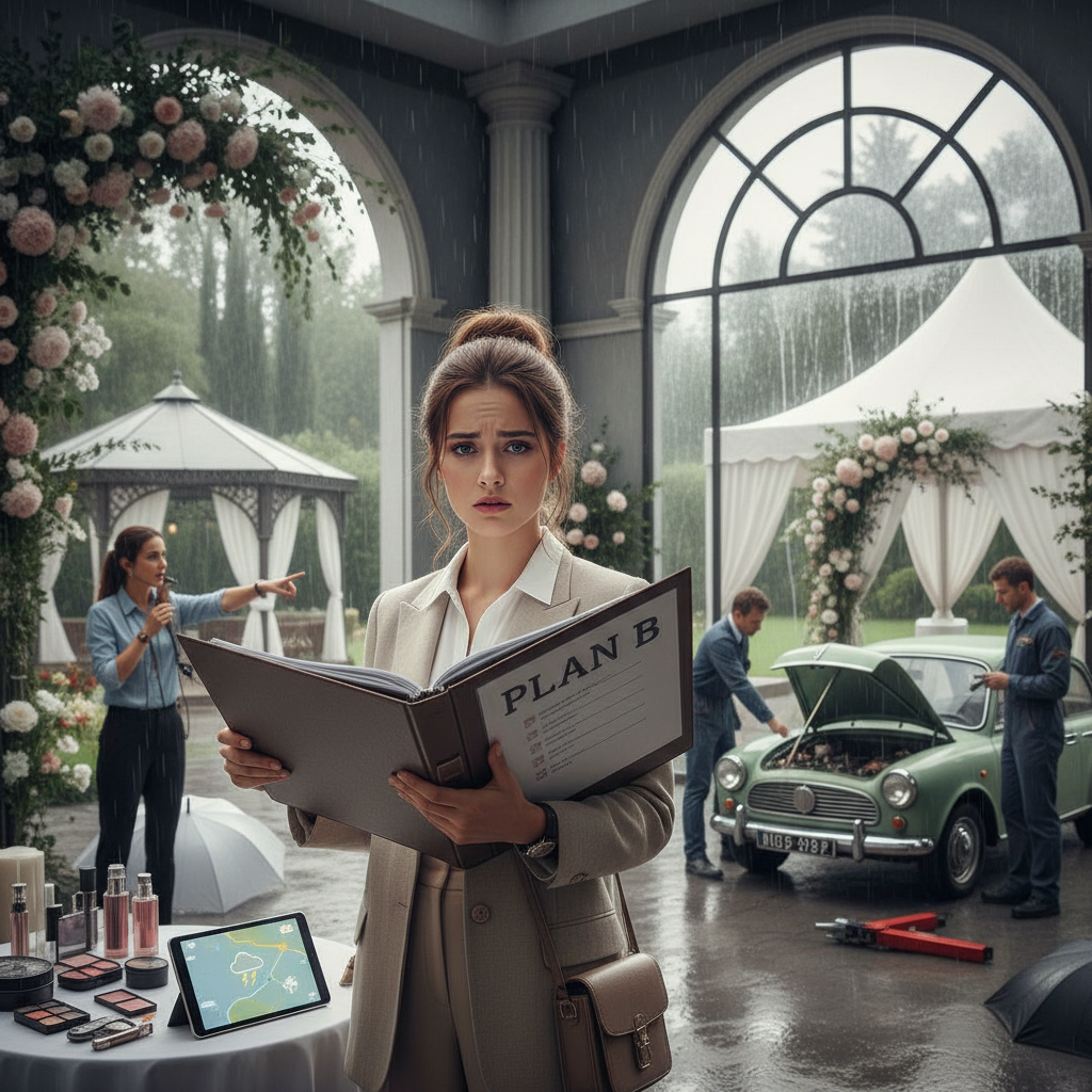 Plan B w dniu ślubu – jak przygotować się na ewentualne wpadki (pogoda, spóźnienia, awarie)